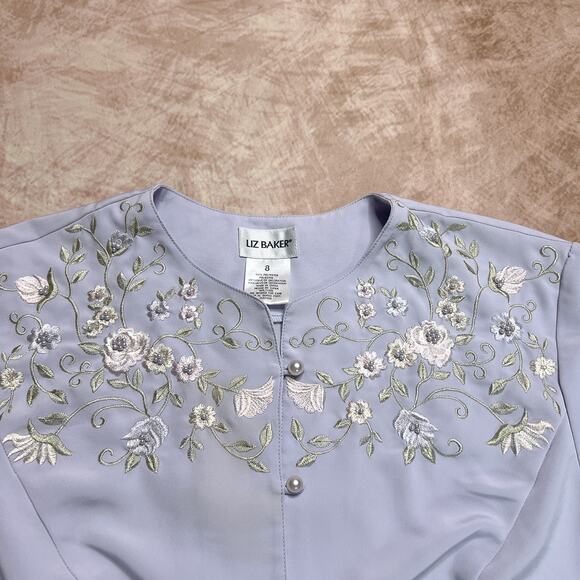 Vintage 90s Liz Baker Floral Embroidered Blouse Pastel Purple Pearlescent Beaded - Picture 2 of 6